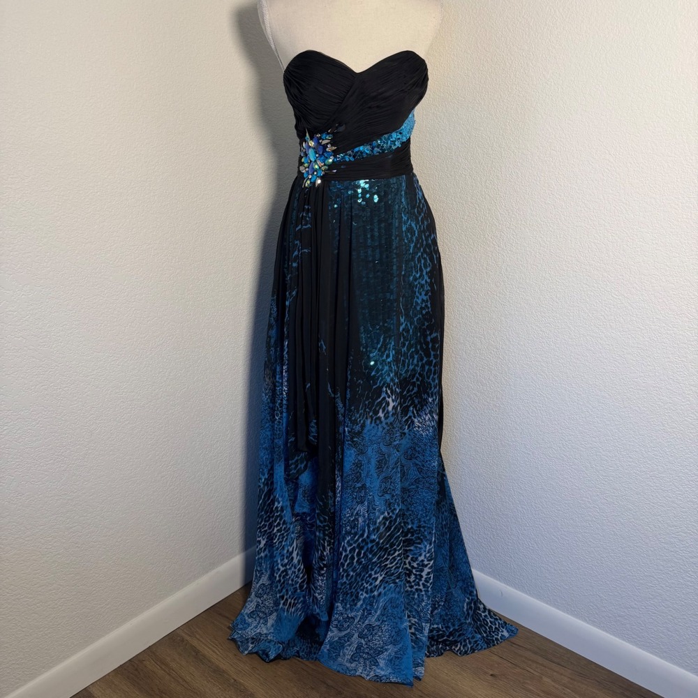 Morrell Maxie Gown Womens 4 Blue Black Animal Print Sequined Prom Formal‎ Dress